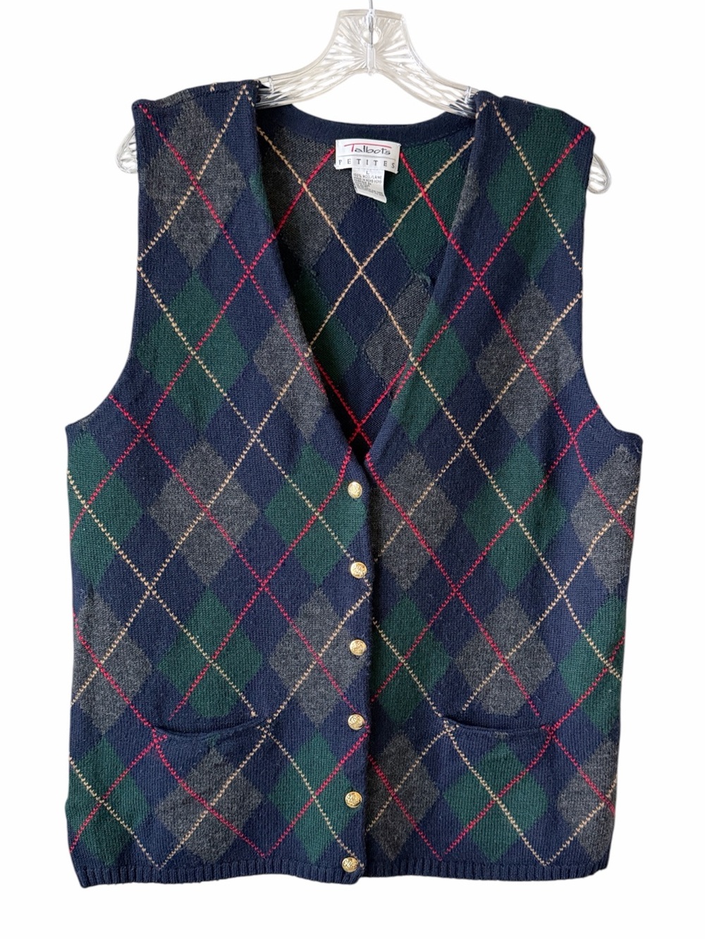 Vintage Talbots 100% Wool Argyle Button-Front V-Neck Pockets Sweater Vest Sz LP